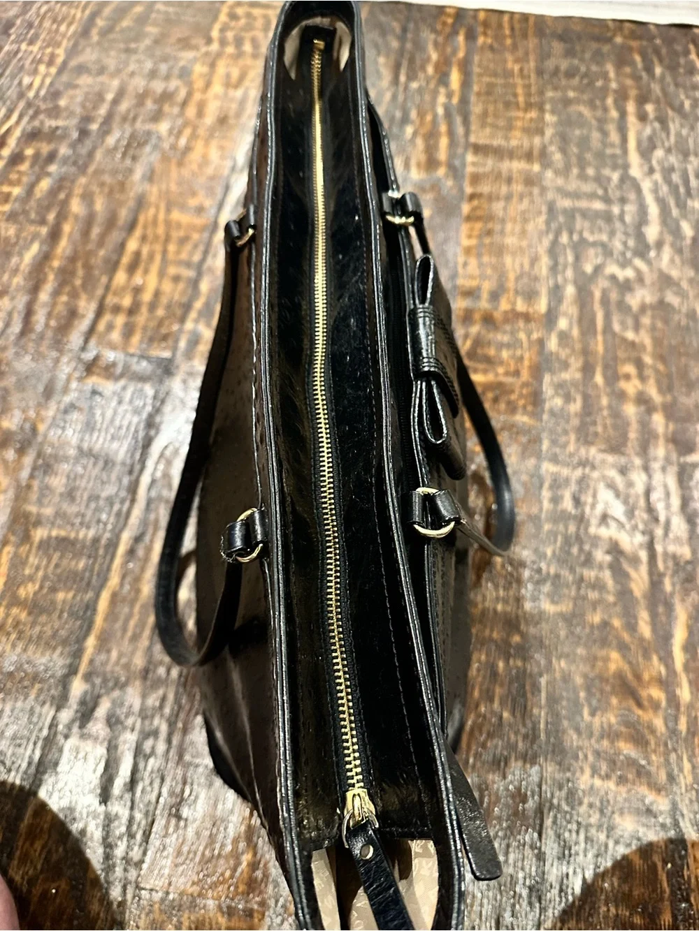 kate spade Valencia Road Harmony Black Ostrich-Texture Tote with Bow Trim